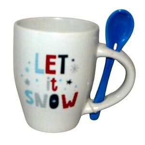 "Let It Snow" White Ceramic Mug with Blue Spoon for Coffee/Tea Lovers NWOT